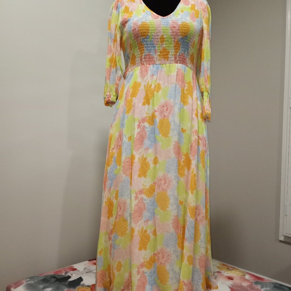 GHOST LONDON FLORAL MAXI DRESS WITH RIBBED ELASTICATED BODICE V-NECK SZ M